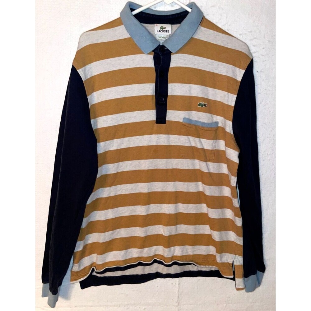 Lacoste Mens Ruby Logo Stripe Long Sleeve Collared Polo Shirt XL Pocket